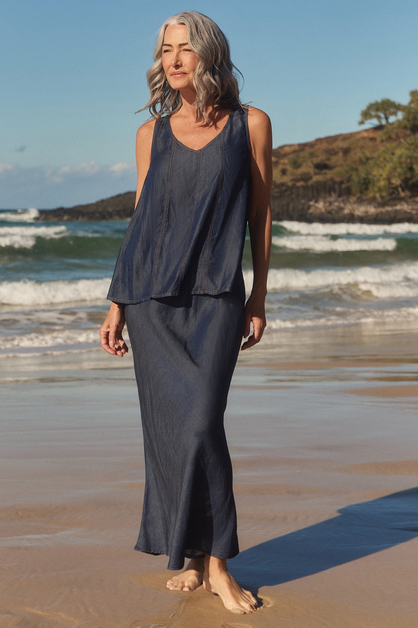 Katie Tencel Denim Bias Cut Skirt in Dark Wash