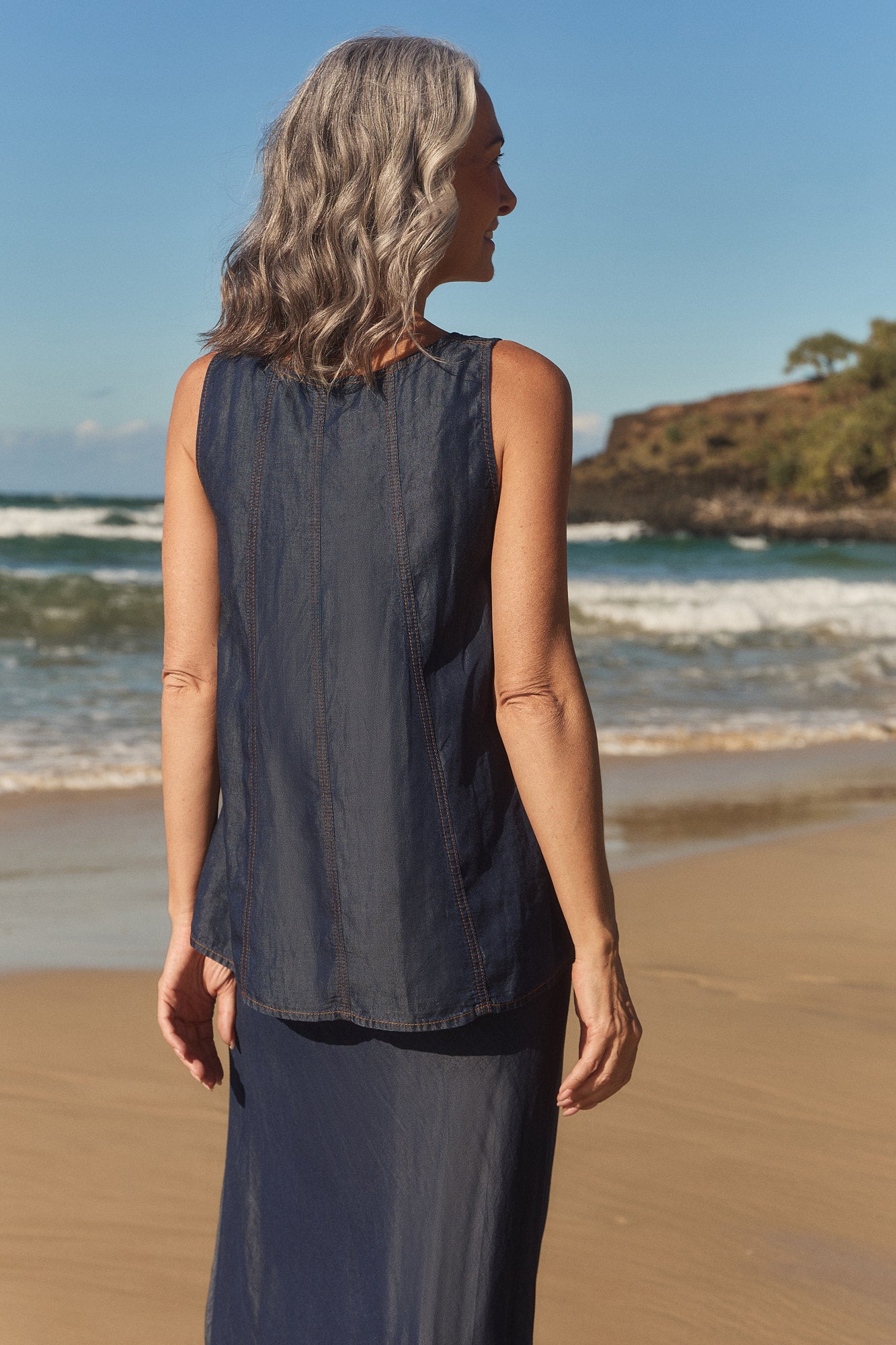 Sadie Tencel Denim Swing Top in Dark Wash