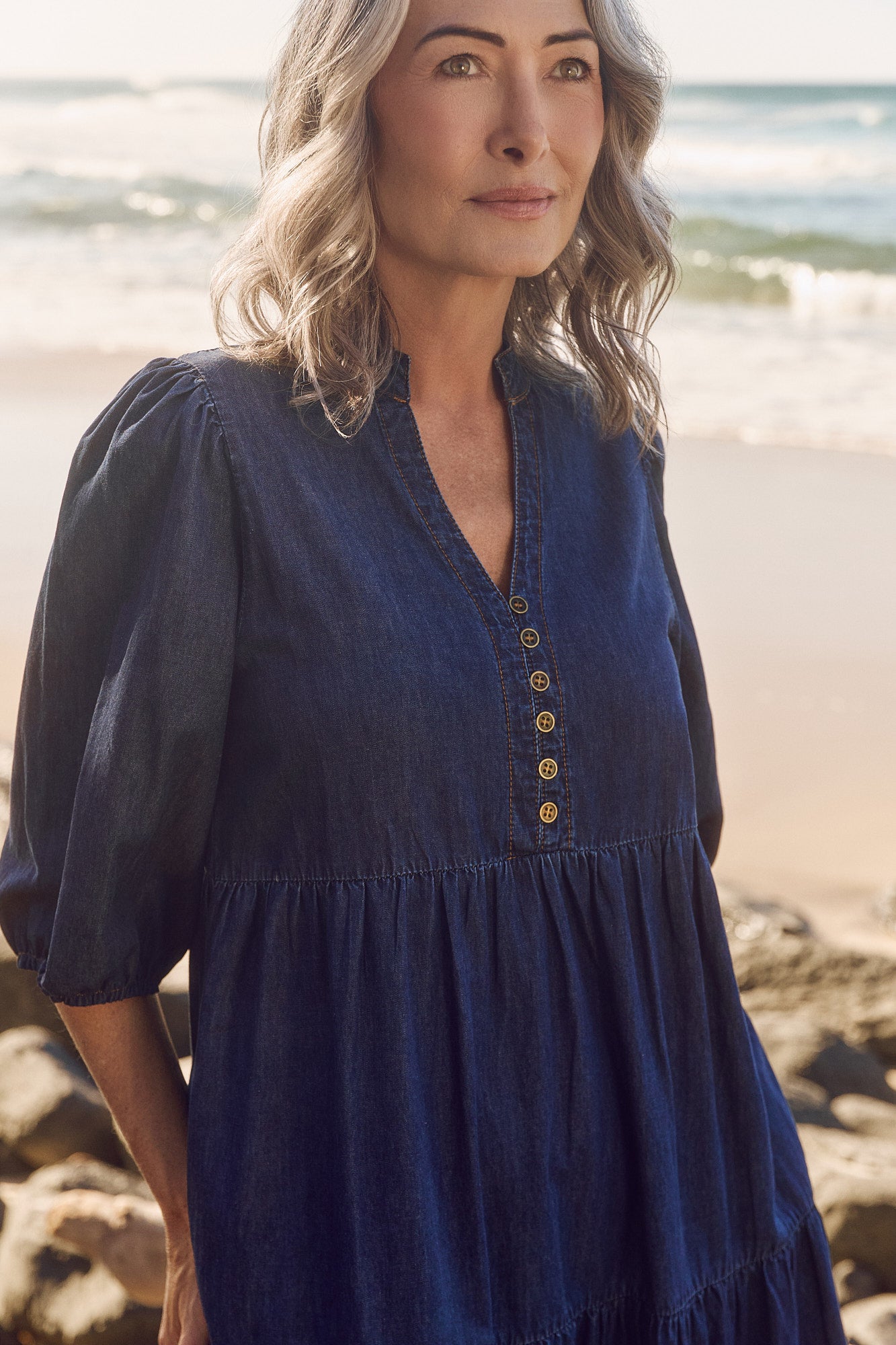 Sienna Chambray Billow Dress in Dark Wash