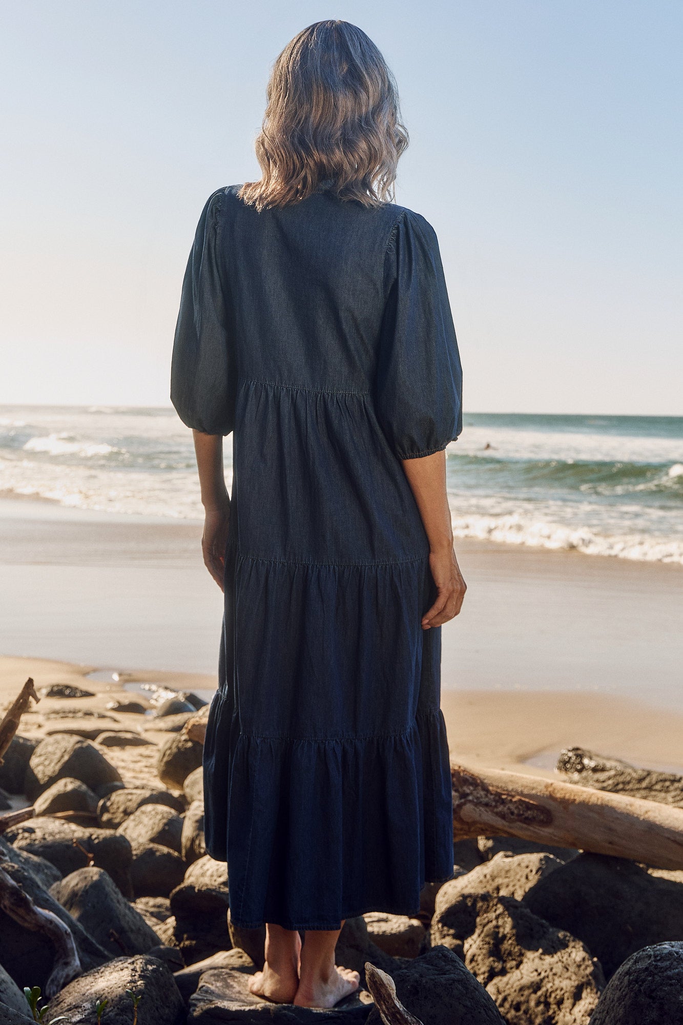 Sienna Chambray Billow Dress in Dark Wash