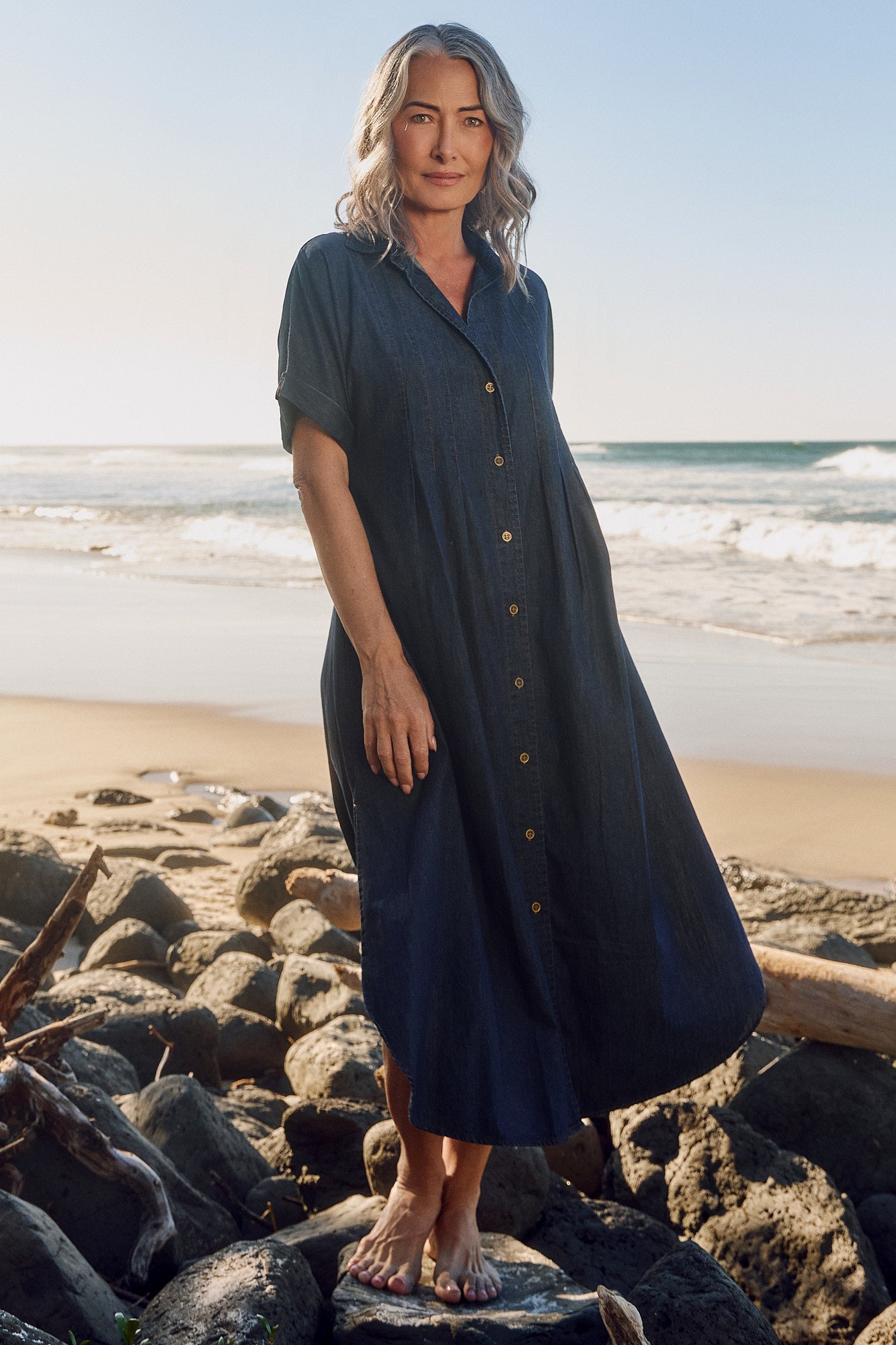 Bridget Chambray Pleated Dress in Dark Wash