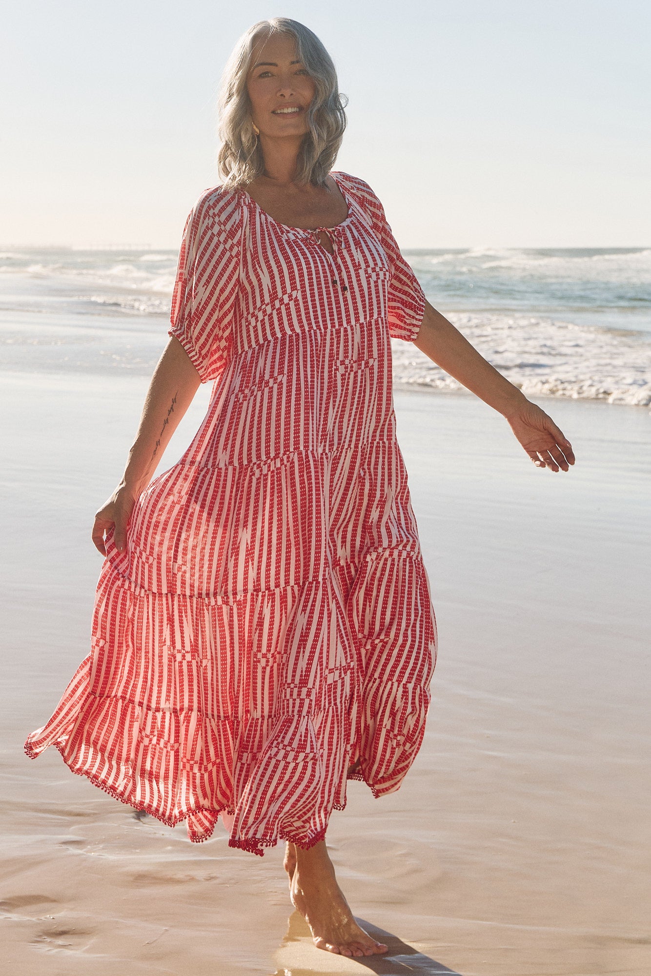 Layla Cotton Silk Tiered Dress in Boat Stripe