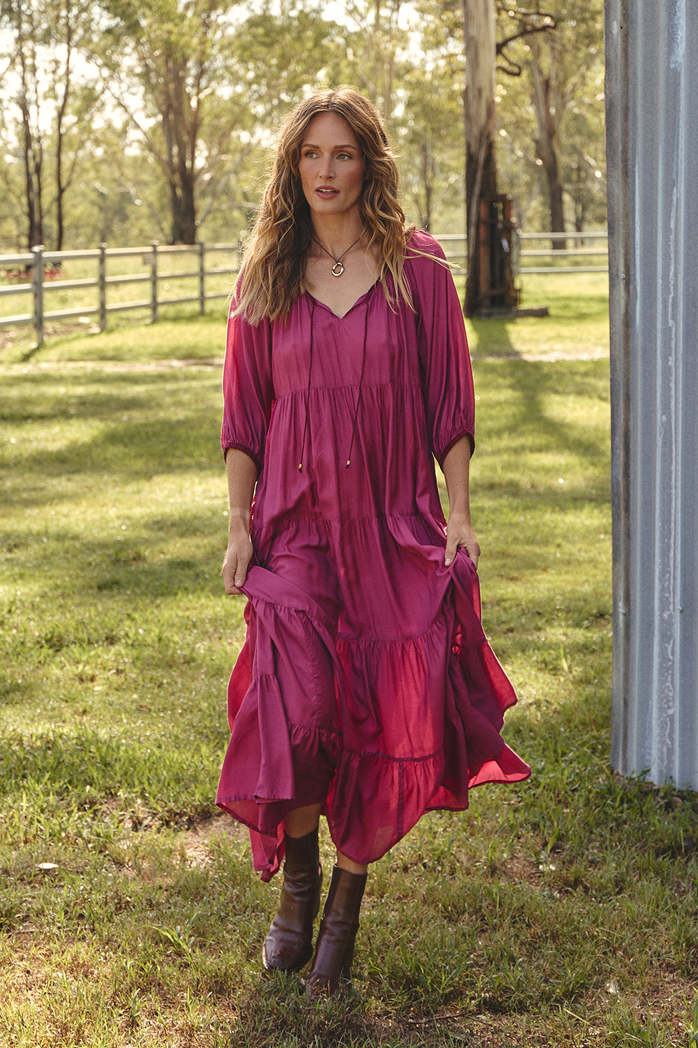 Layla Cotton Silk Tiered Dress in Rose Wine