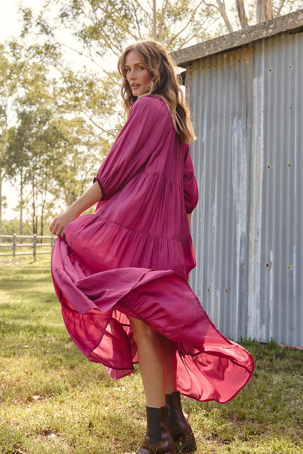 Layla Cotton Silk Tiered Dress in Rose Wine