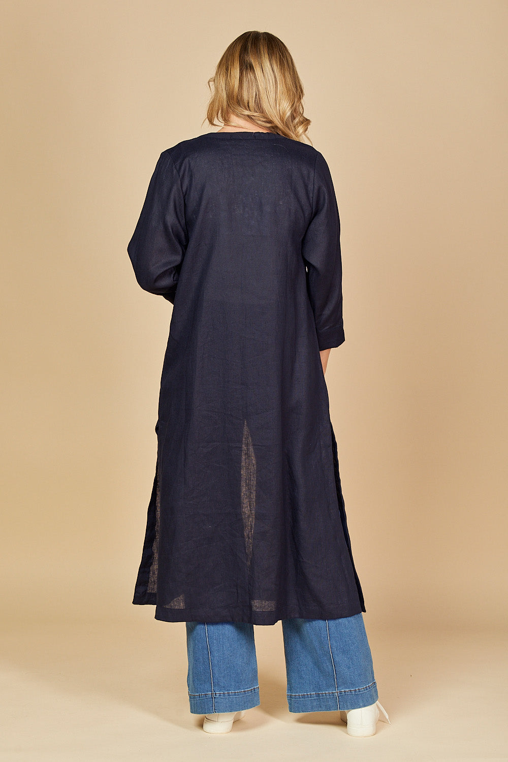 Long Line Linen Duster Jacket in Navy, Jacket - Adrift Clothing