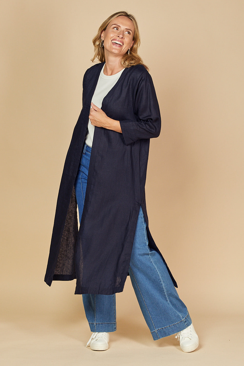 Long Line Linen Duster Jacket in Navy, Jacket - Adrift Clothing