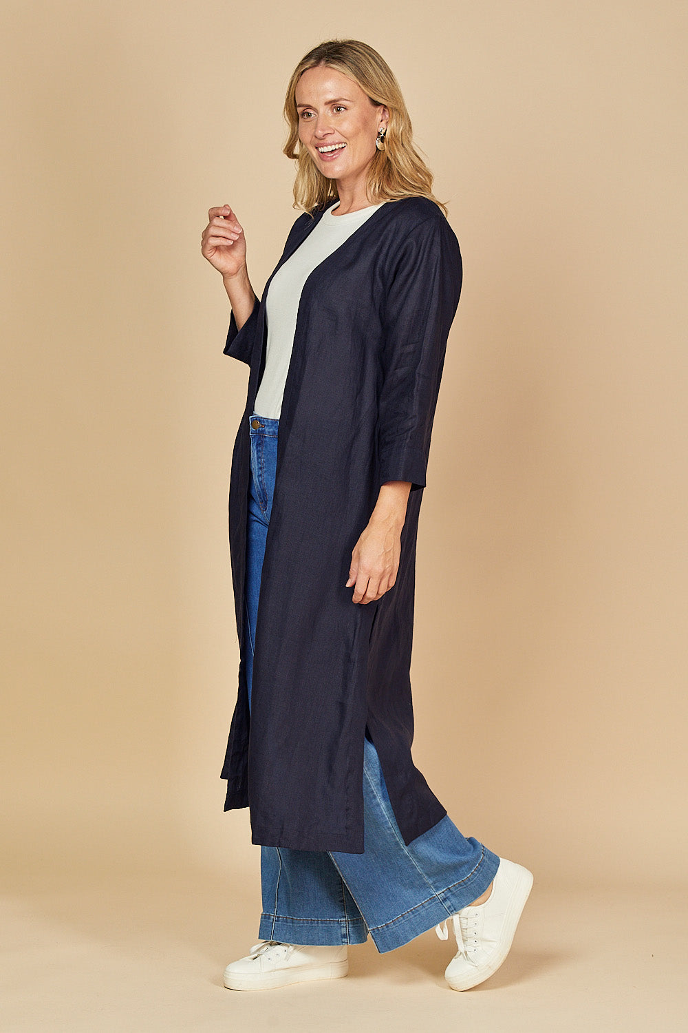 Long Line Linen Duster Jacket in Navy, Jacket - Adrift Clothing