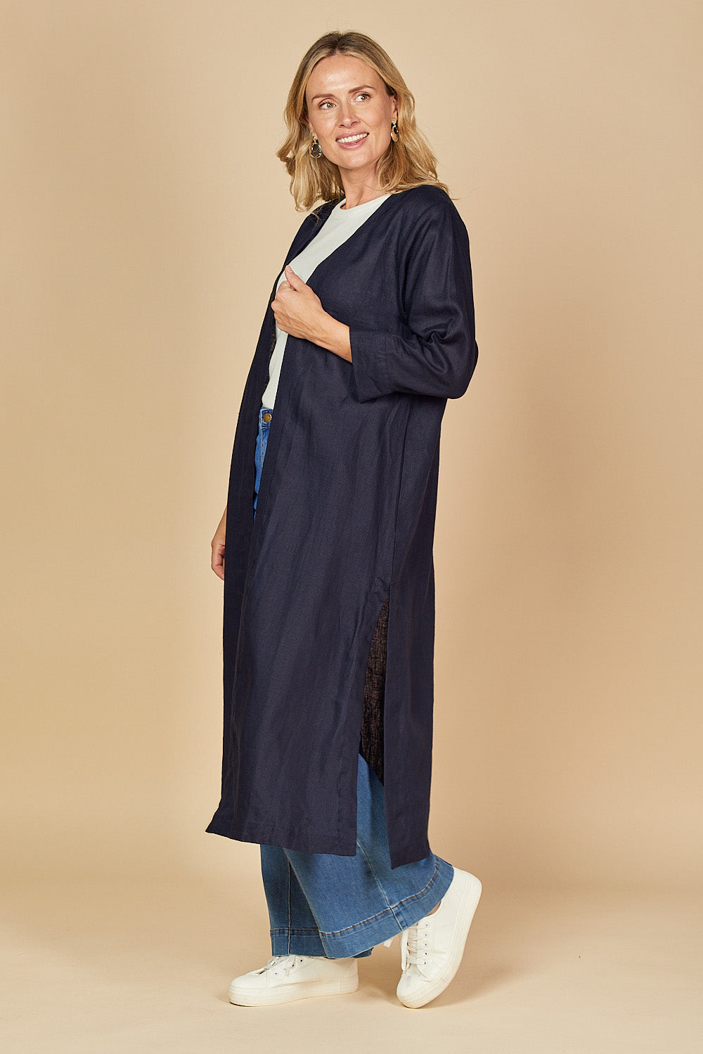 Long Line Linen Duster Jacket in Navy, Jacket - Adrift Clothing