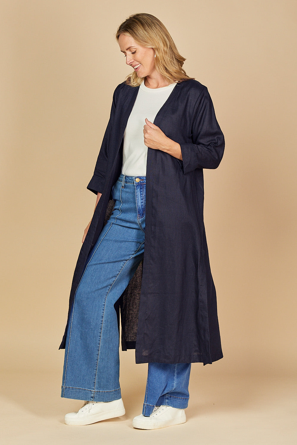 Long Line Linen Duster Jacket in Navy, Jacket - Adrift Clothing