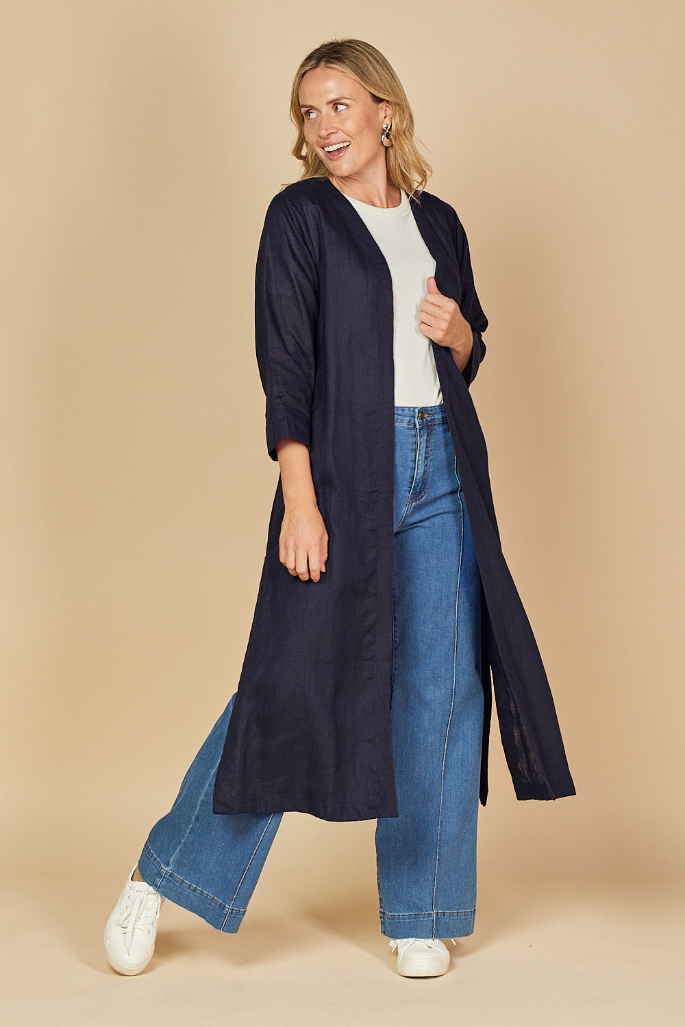 Long Line Linen Duster Jacket in Navy, Jacket - Adrift Clothing