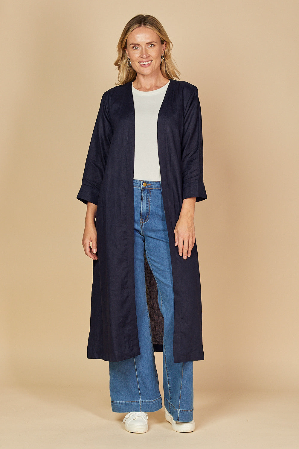 Long Line Linen Duster Jacket in Navy, Jacket - Adrift Clothing