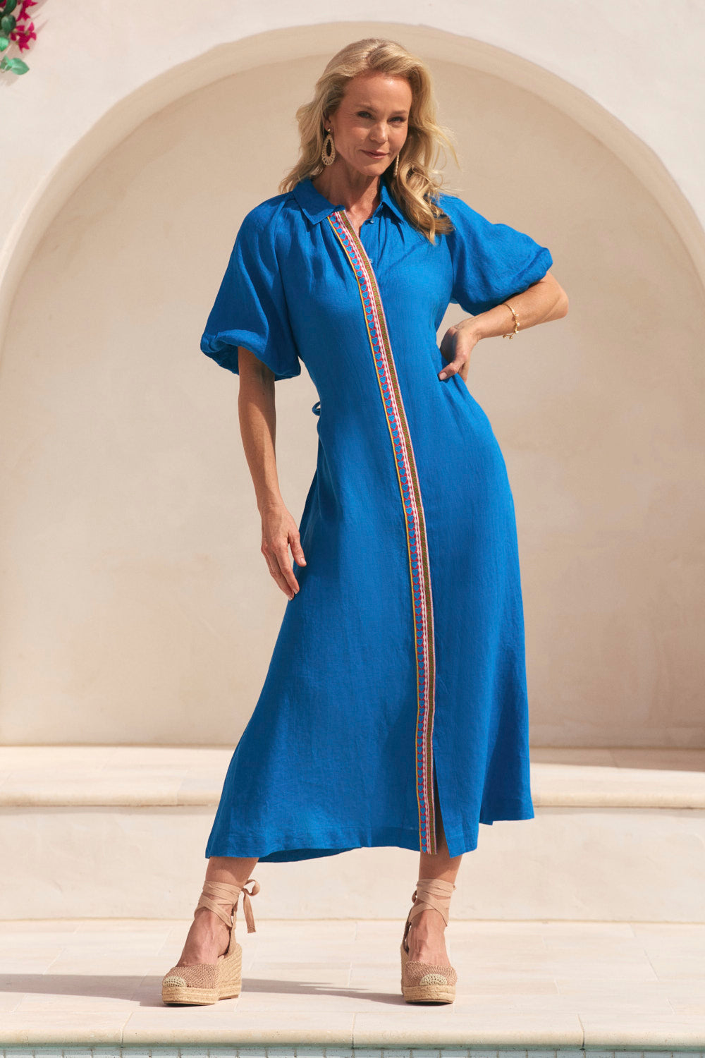 Matilda Linen Collared Dress in Mediterranean