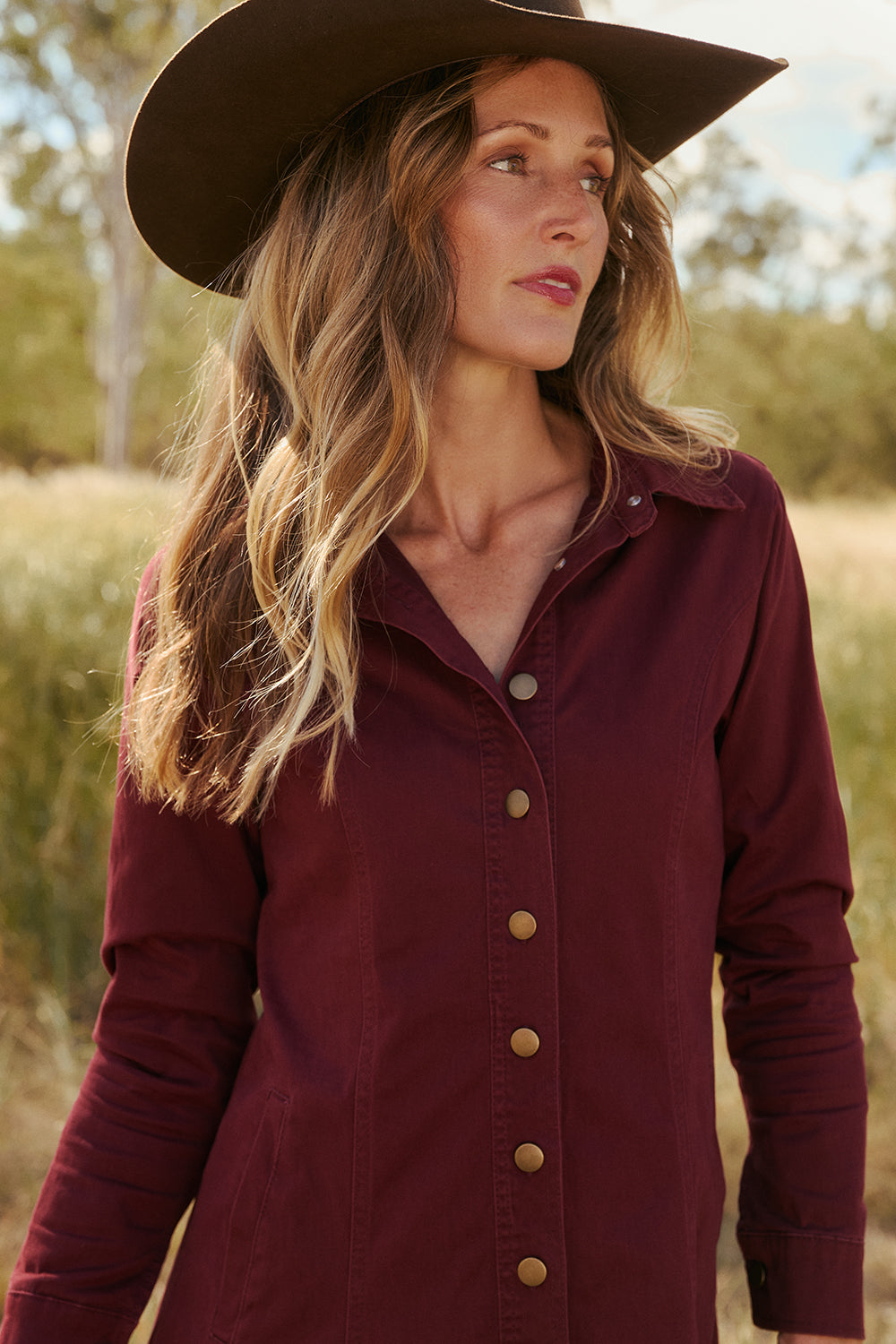 Maya Collared Dress in Burgundy, Midi Dress - Adrift Clothing