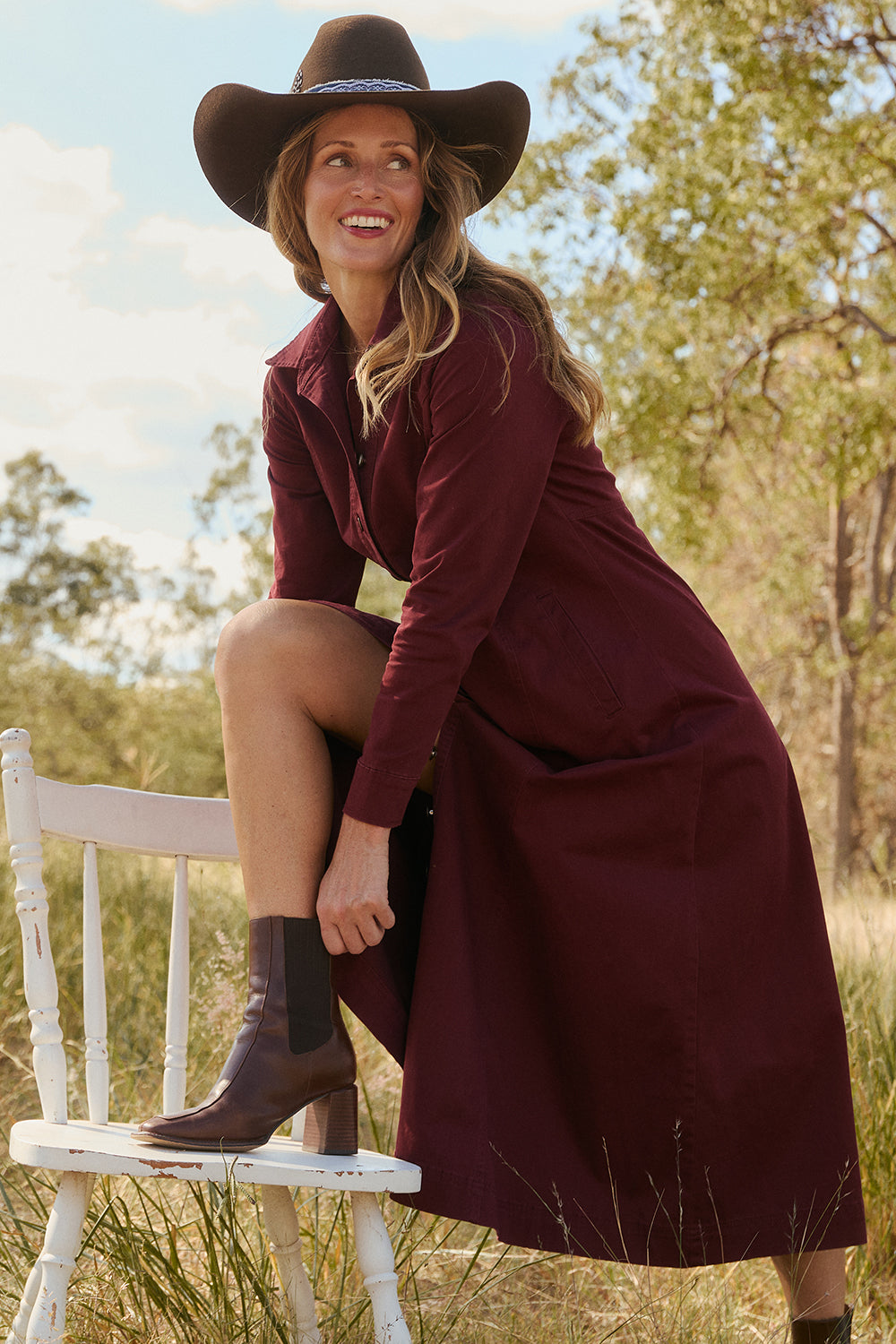 Maya Collared Dress in Burgundy, Midi Dress - Adrift Clothing