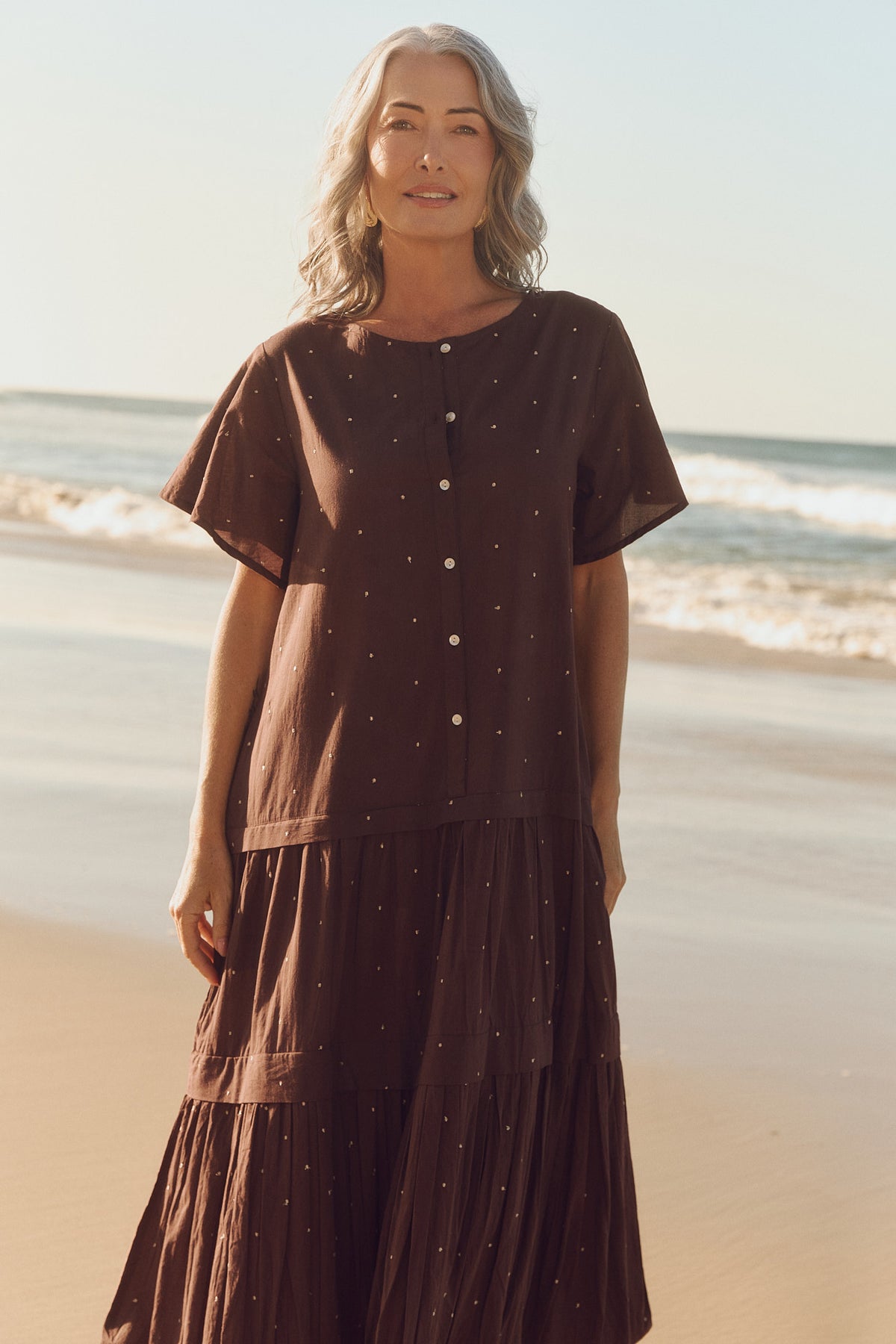 Millie Reversible Flutter Sleeve Dress in Chocolate Aurum