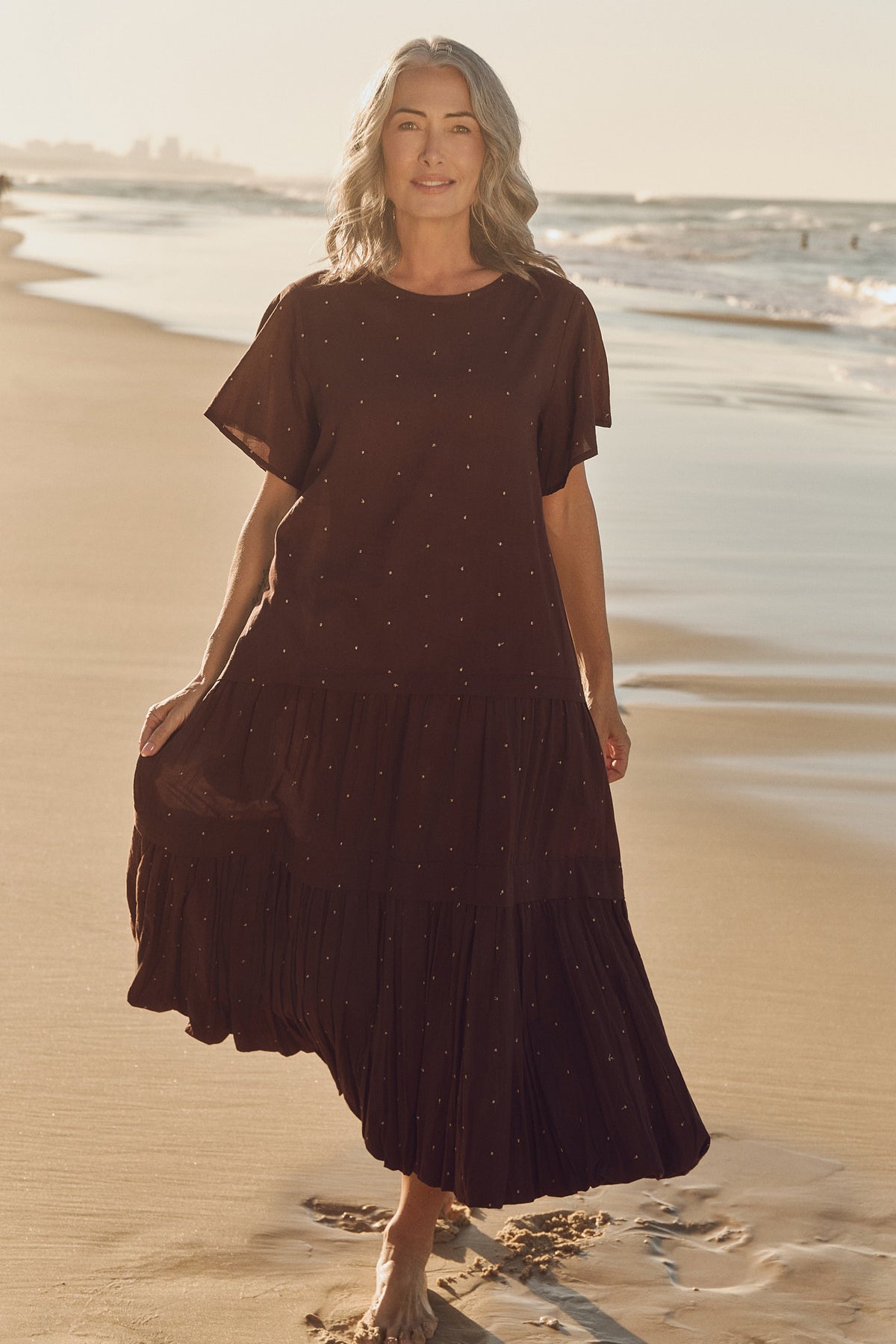 Millie Reversible Flutter Sleeve Dress in Chocolate Aurum