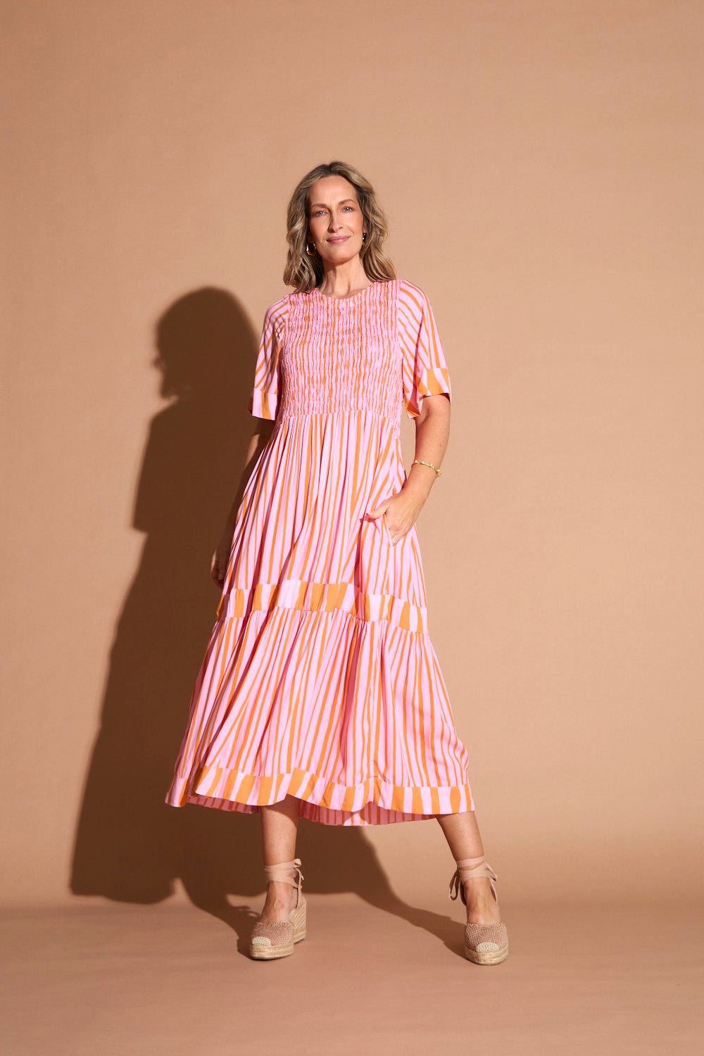 Minden Shirred Dress in Coral Spring