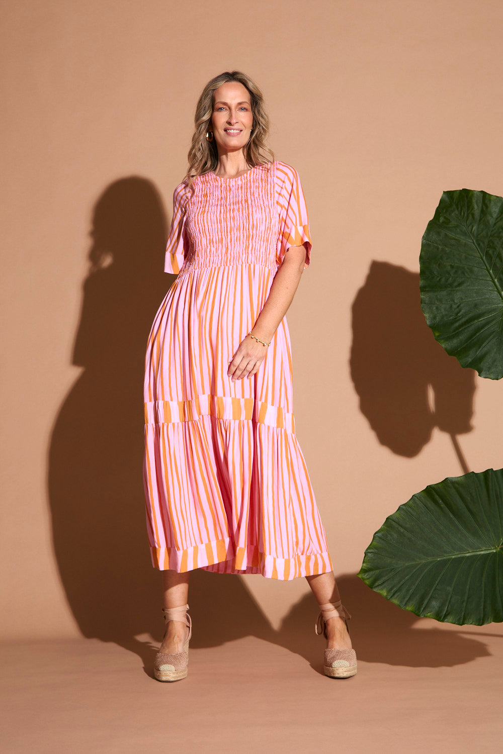 Minden Shirred Dress in Coral Spring