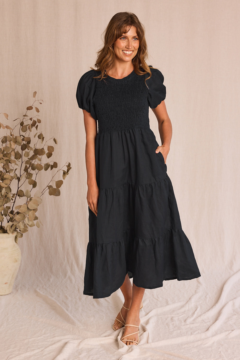 Minden Linen Shirred Short Sleeve Dress in Black, Midi Dress - Adrift Clothing