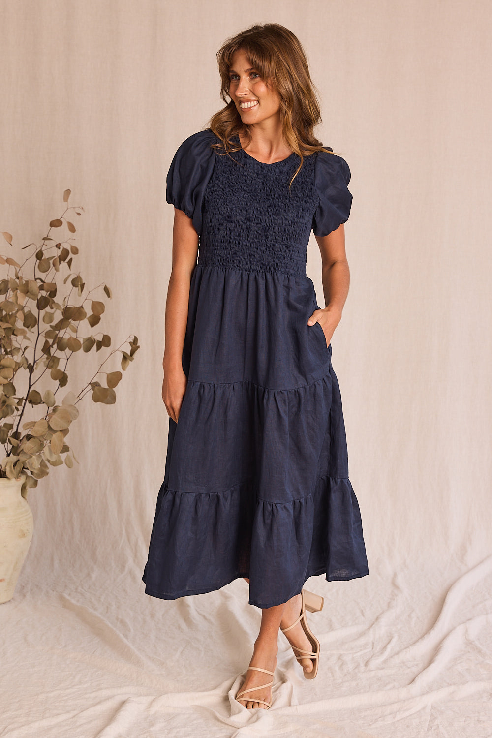 Minden Linen Shirred Short Sleeve Dress in Navy, Maxi Dress - Adrift Clothing