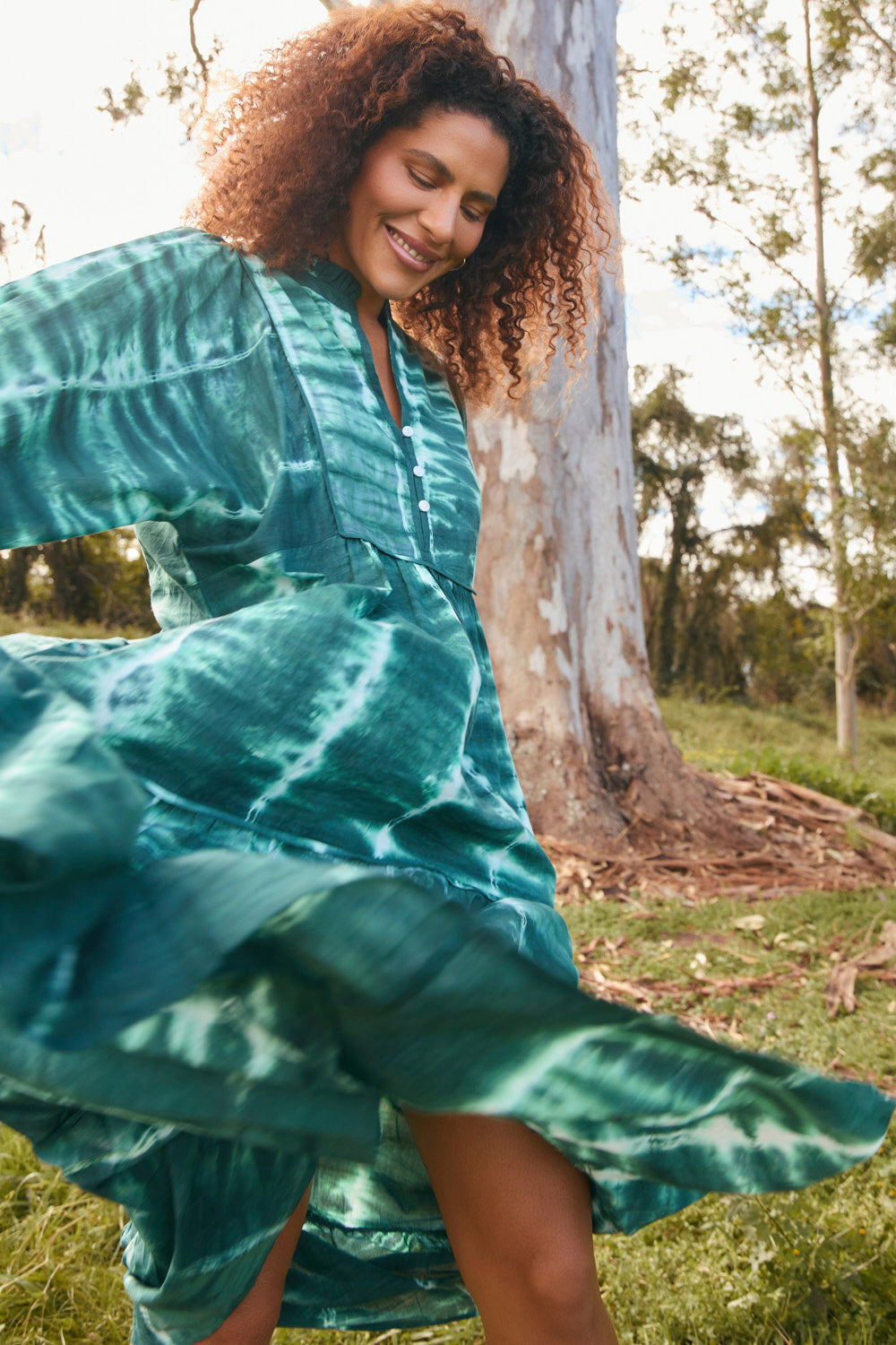 Mirabelle Frill Dress in Shibori Green