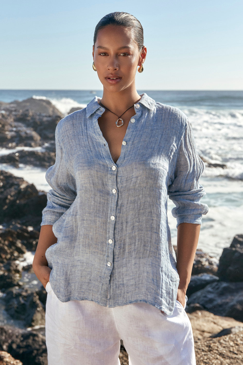 Natalia Linen Oversized Shirt in Sky Blue Tide