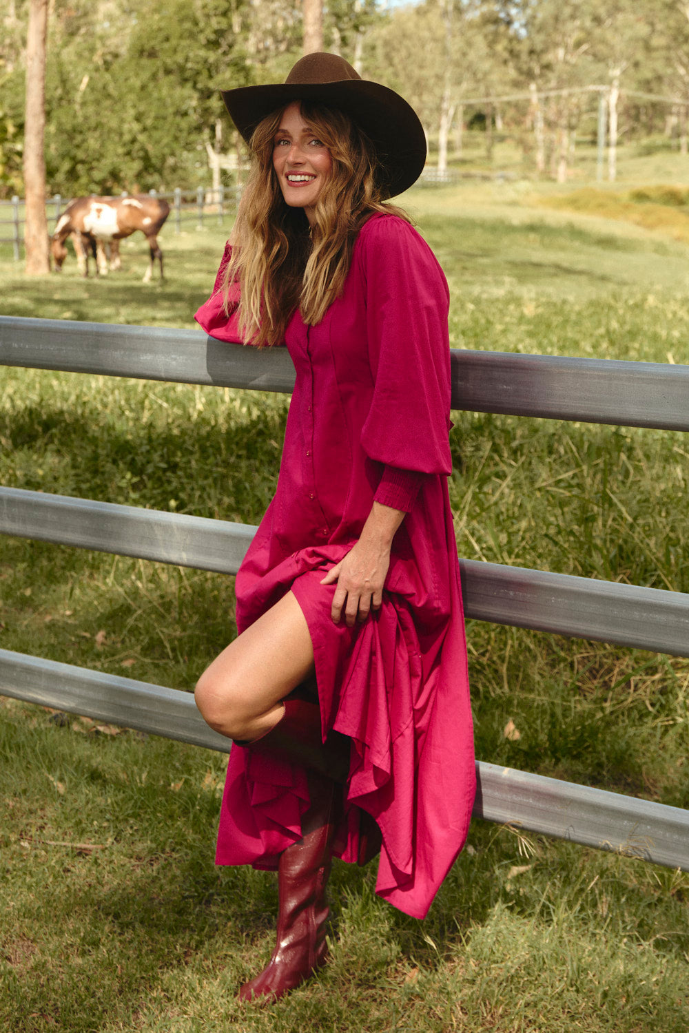 Ophelia Button Through Dress in Magenta