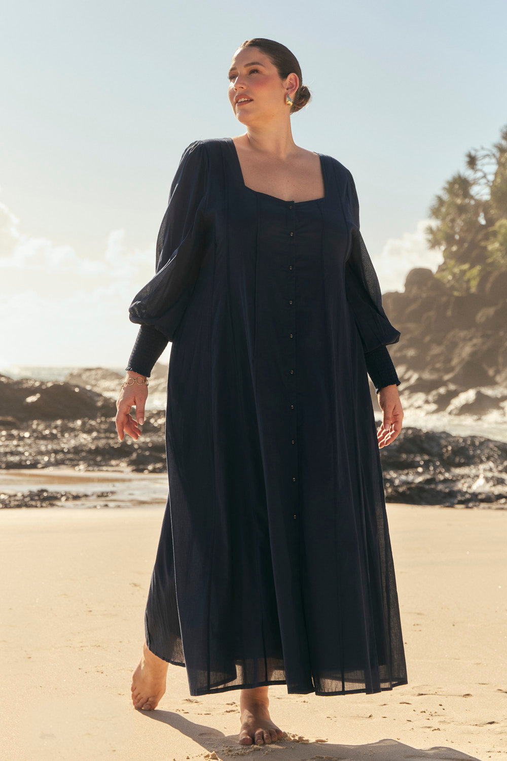 Ophelia Button Through Dress in Navy, Maxi Dress - Adrift Clothing