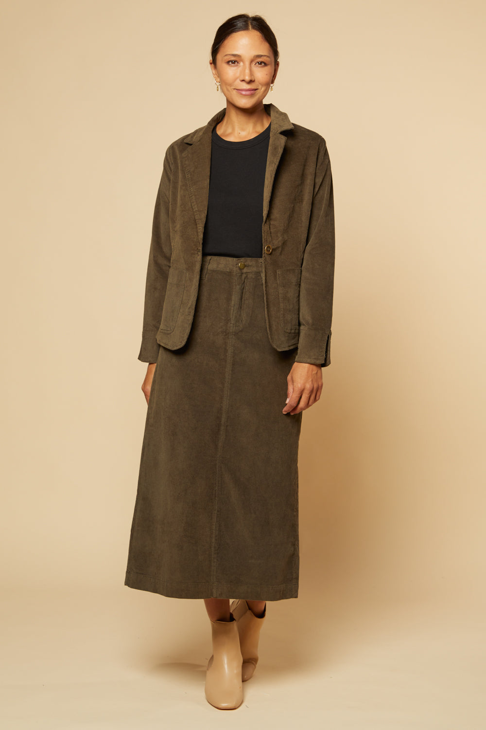 Adrift A-Line Brushed Cotton Skirt in Olive, Midi Skirt - Adrift Clothing