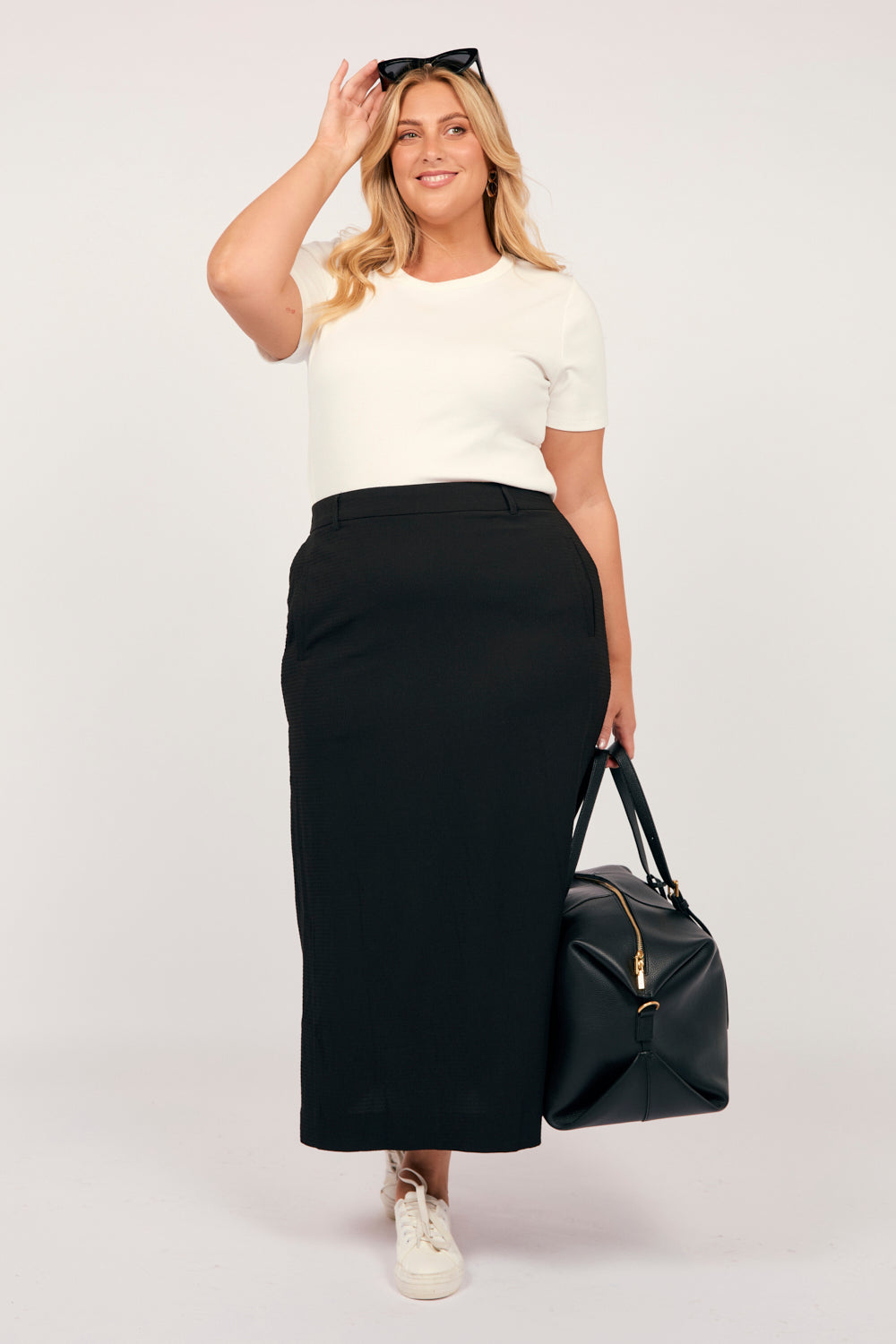Relaxed Travel Skirt in Black, Midi Skirt - Adrift Clothing