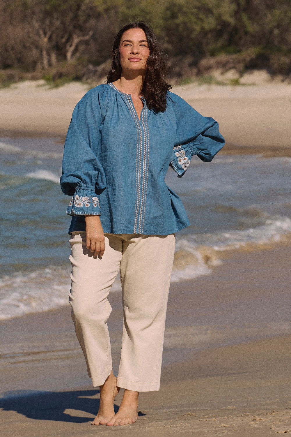 Robin Chambray Frill Blouse in Eterna