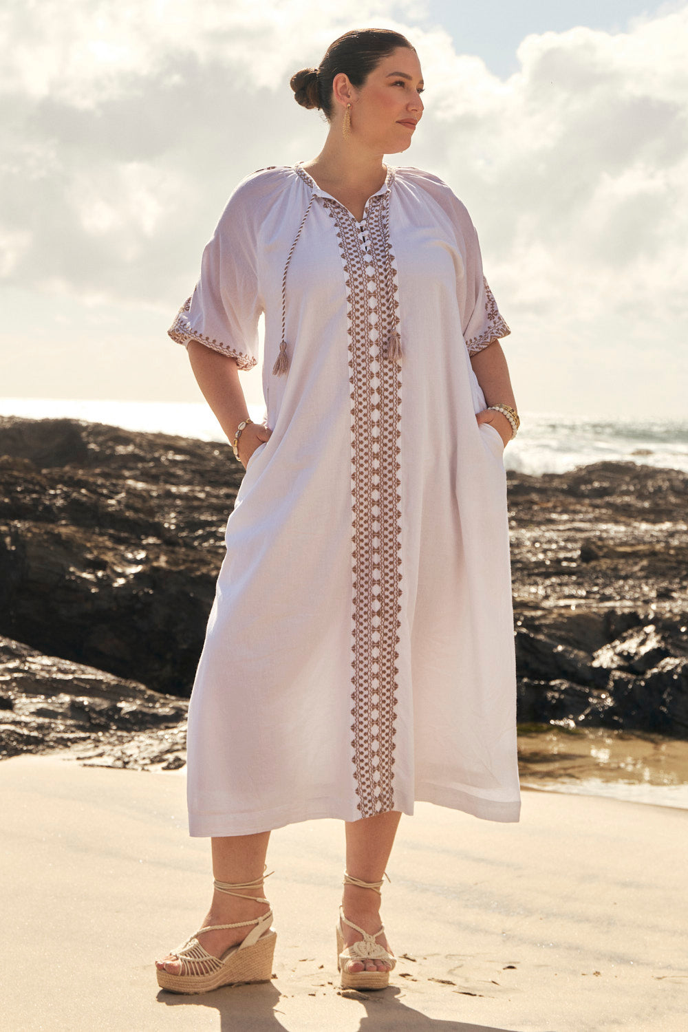 Robin Embroidered Dress in Alabaster