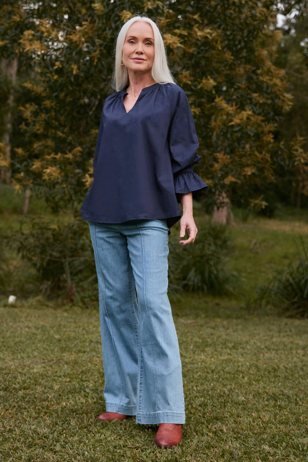Robin Frill Cuff Top in Navy Poplin