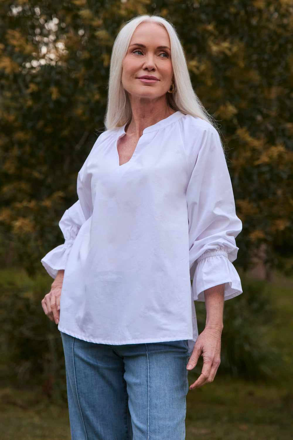 Robin Frill Cuff Top in White Poplin