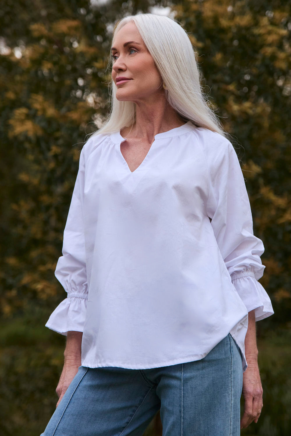 Robin Frill Cuff Top in White Poplin