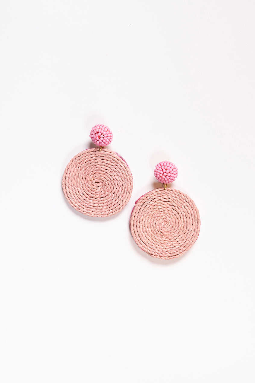 Round Beaded and Woven Earrings in Light Pink
