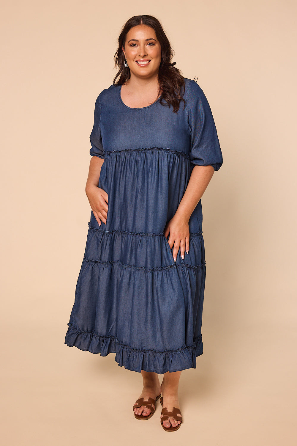 Sabre Frill 3/4 Sleeve Maxi Tencel Dress in Mid Wash, Maxi Dress - Adrift Clothing