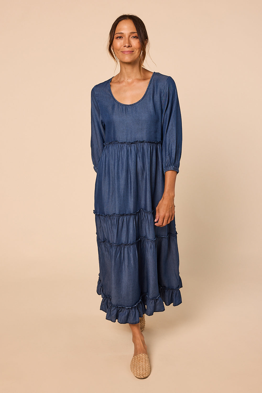 Sabre Frill 3/4 Sleeve Maxi Tencel Dress in Mid Wash, Maxi Dress - Adrift Clothing