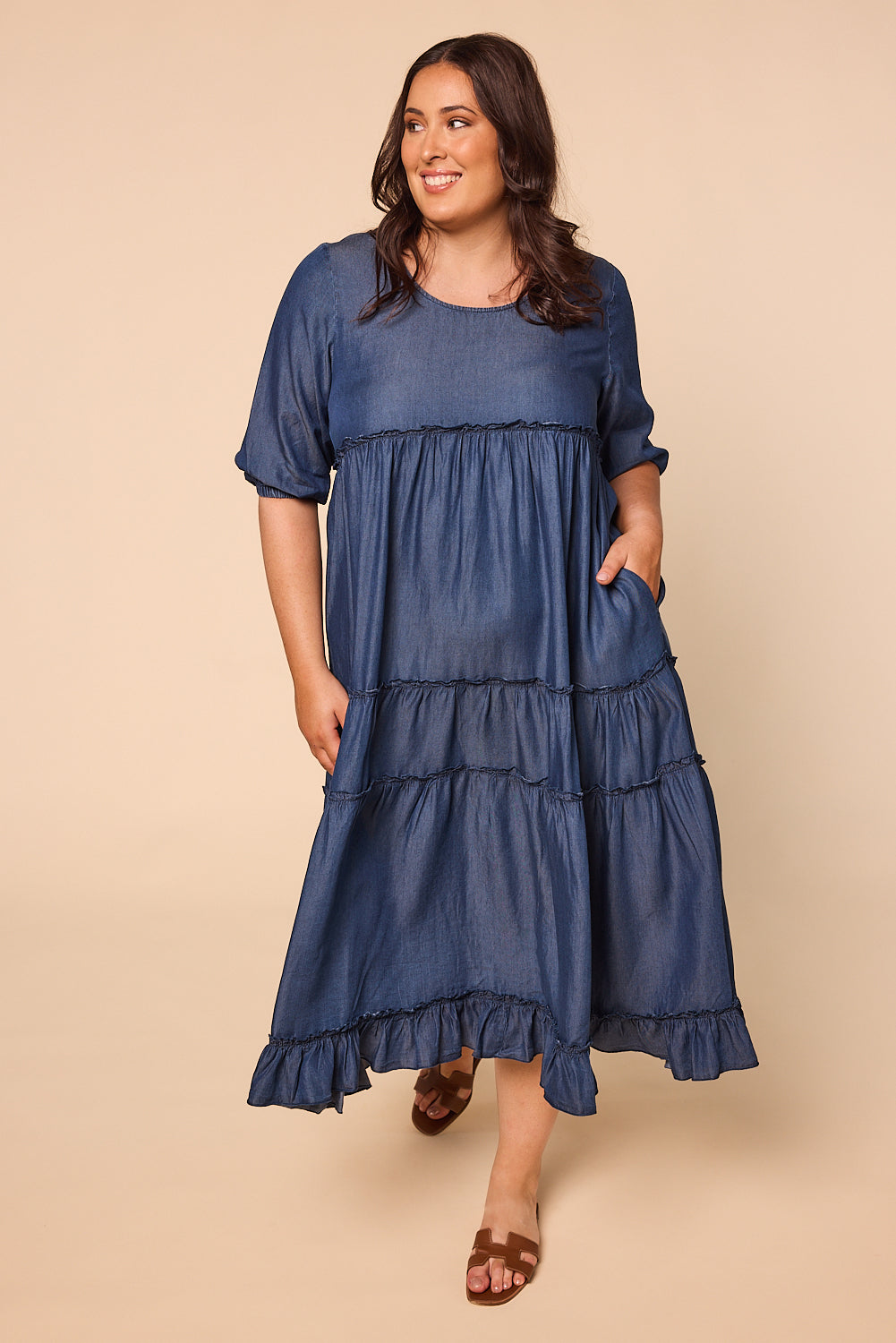 Sabre Frill 3/4 Sleeve Maxi Tencel Dress in Mid Wash, Maxi Dress - Adrift Clothing