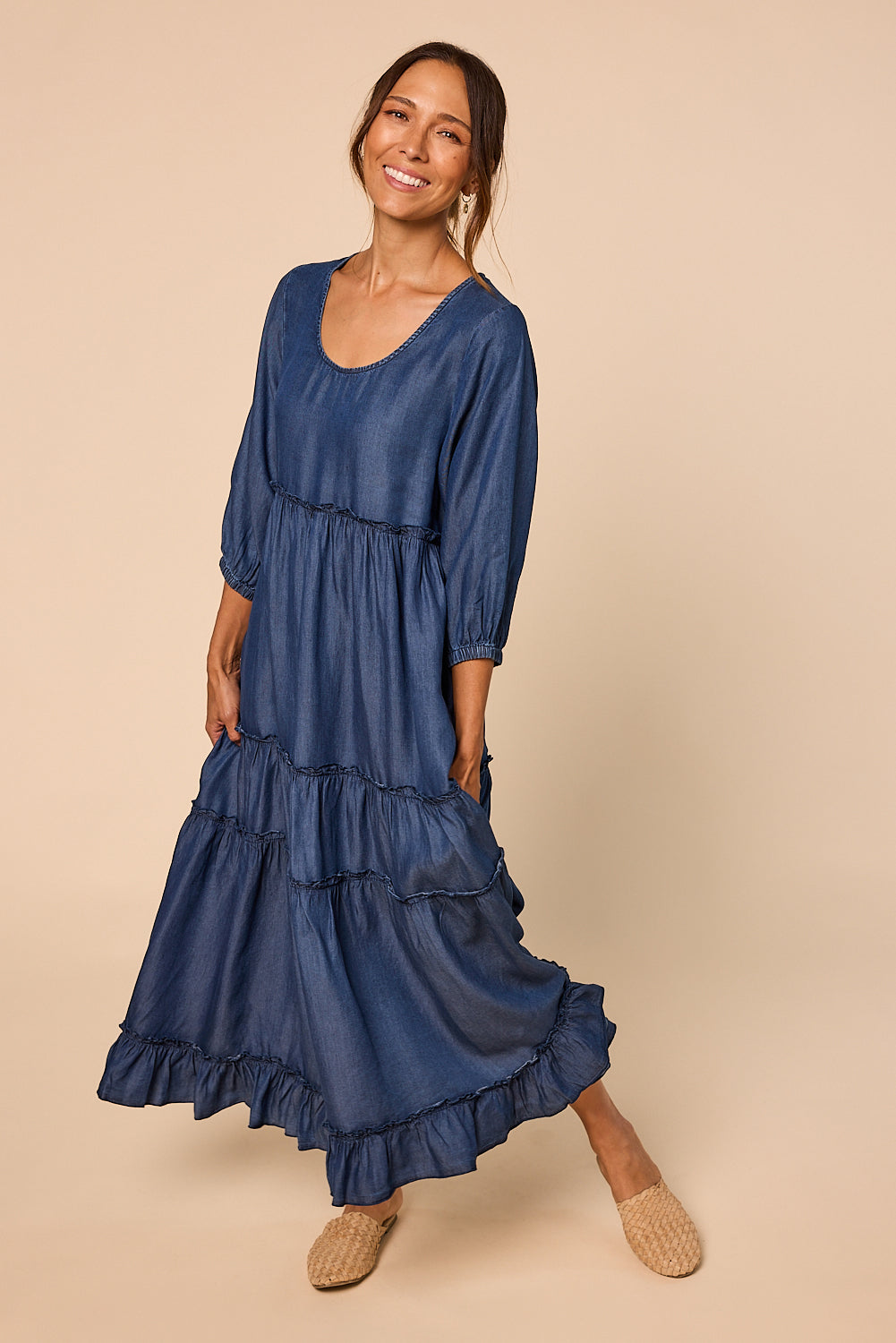 Sabre Frill 3/4 Sleeve Maxi Tencel Dress in Mid Wash, Maxi Dress - Adrift Clothing