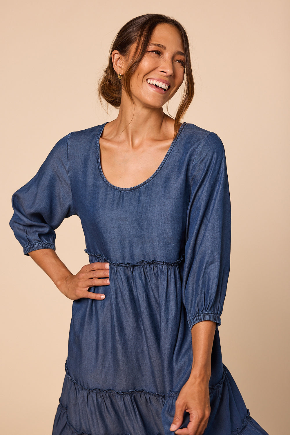 Sabre Frill 3/4 Sleeve Maxi Tencel Dress in Mid Wash, Maxi Dress - Adrift Clothing