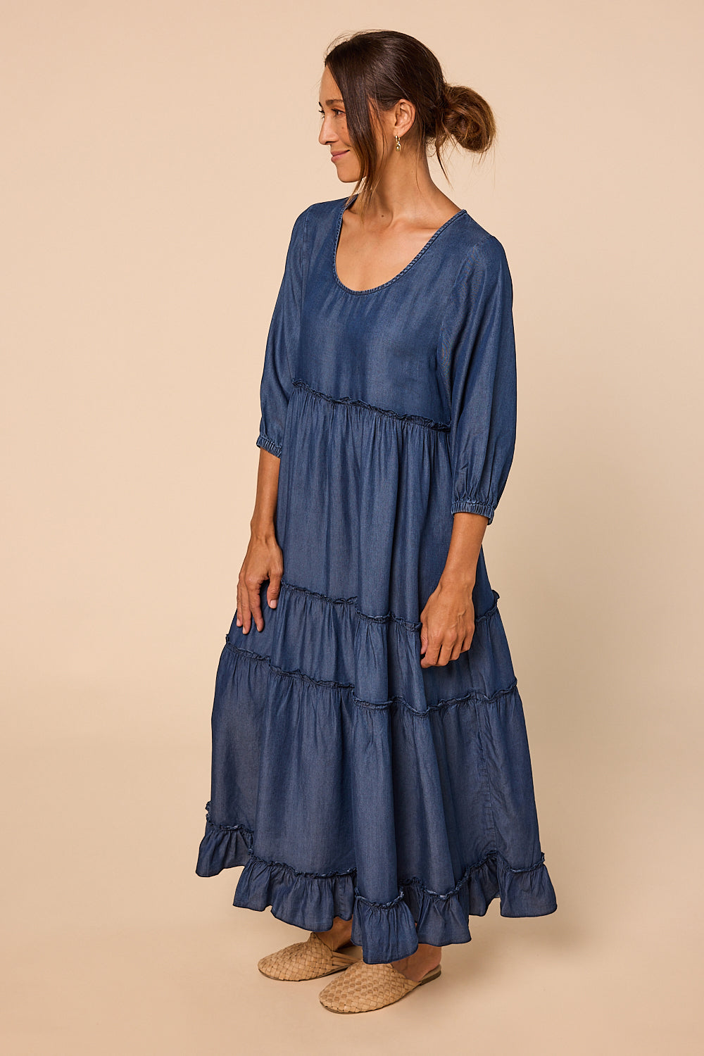 Sabre Frill 3/4 Sleeve Maxi Tencel Dress in Mid Wash, Maxi Dress - Adrift Clothing