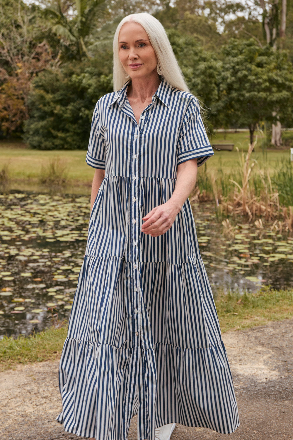 Sabre Button Through Dress in Navy Stripe