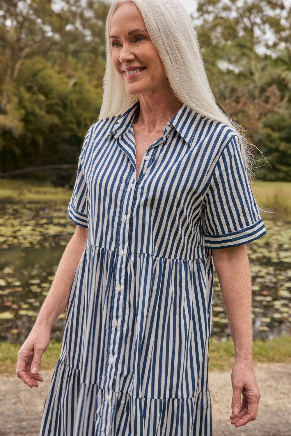 Sabre Button Through Dress in Navy Stripe