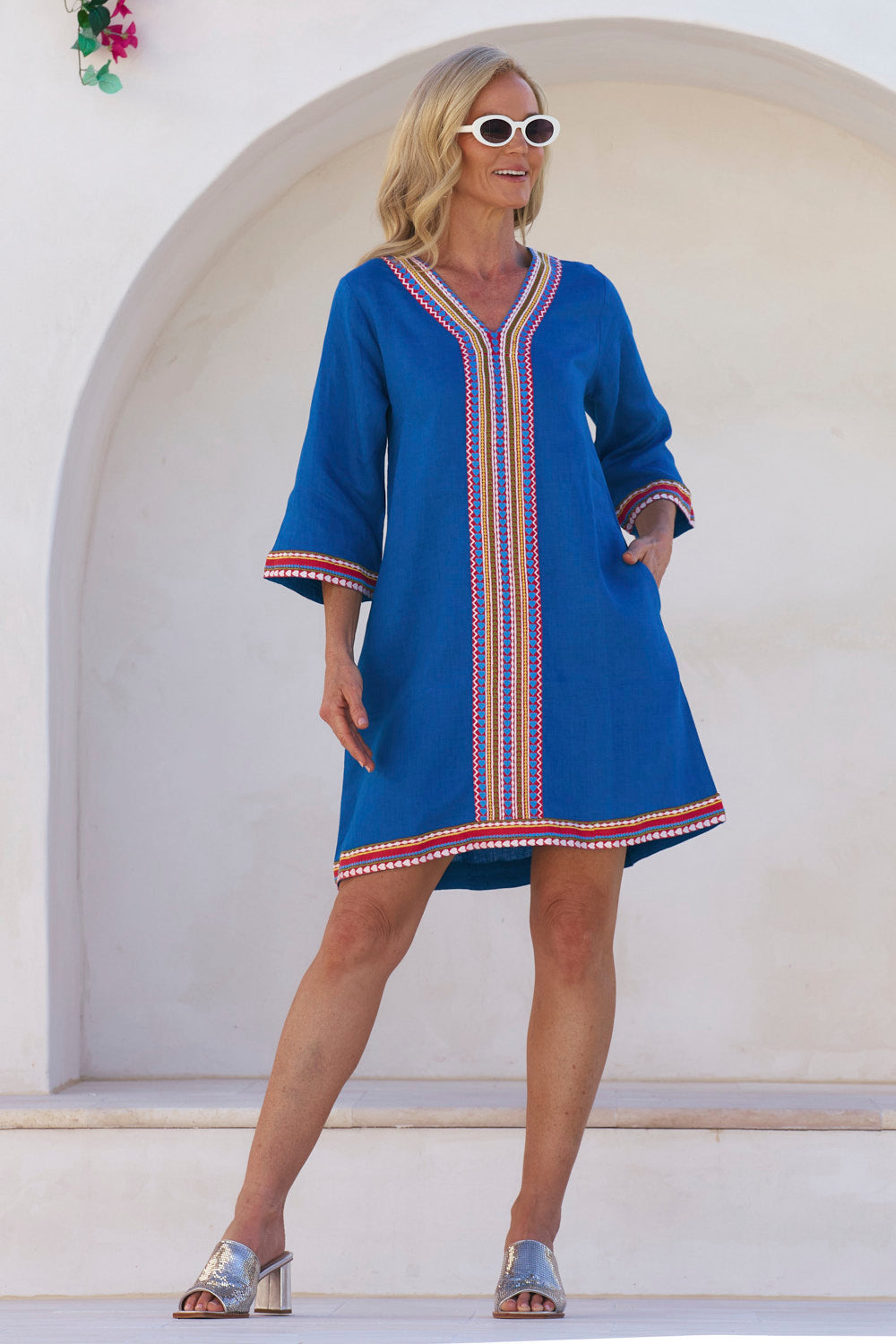 Sacha Linen Shift Dress in Mediterranean