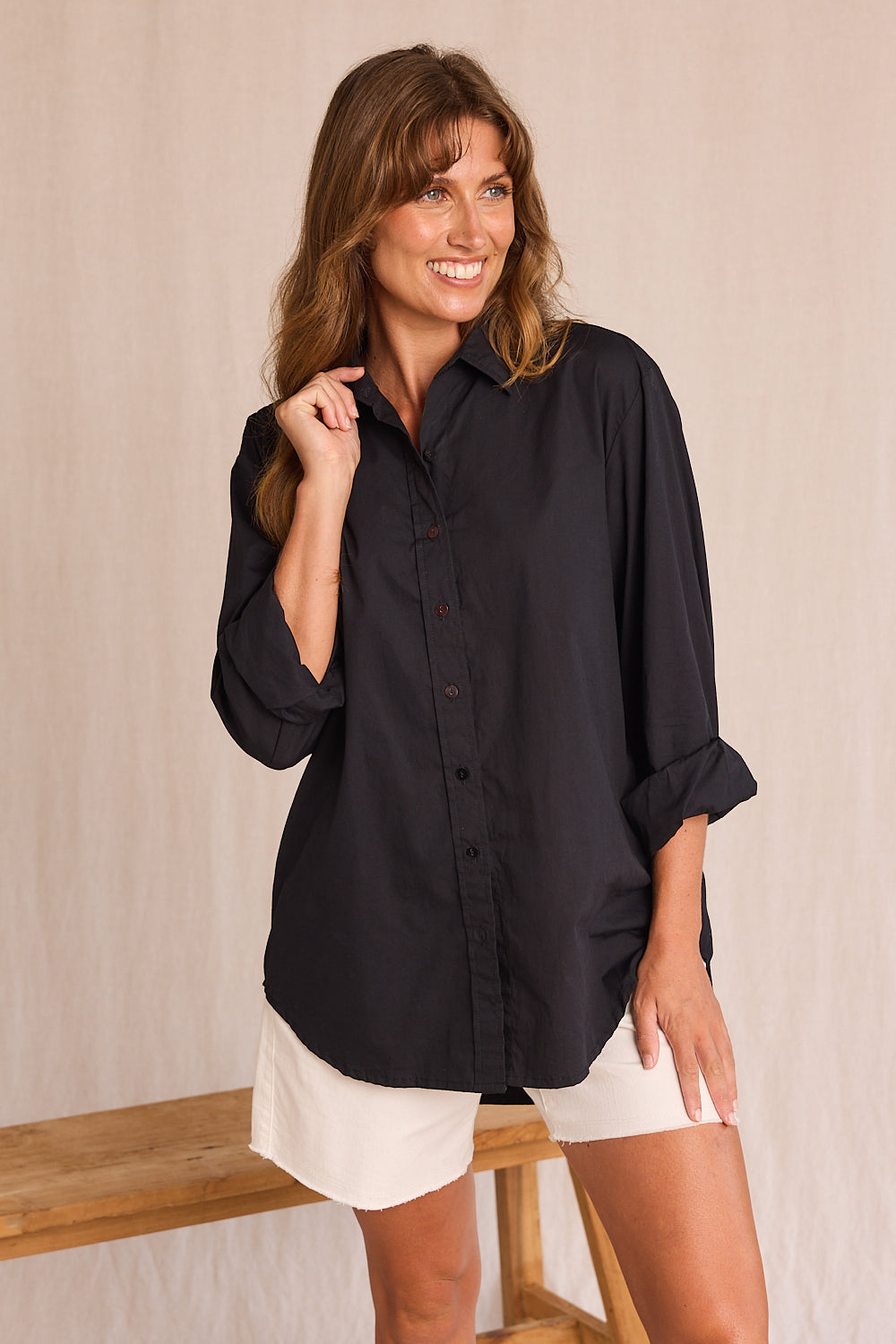 Sam Cotton Poplin Shirt in Black, Blouse - Adrift Clothing