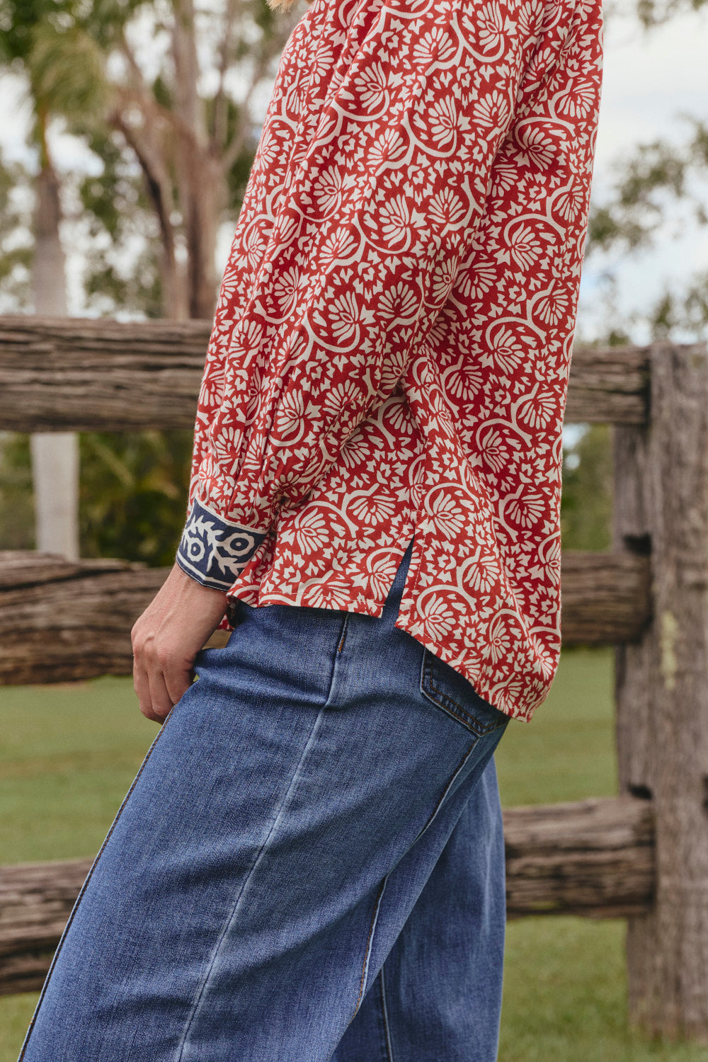 Model wearing the Sam Shirt in Sundar Drift with classic two-piece collar, Adrift Clothing
