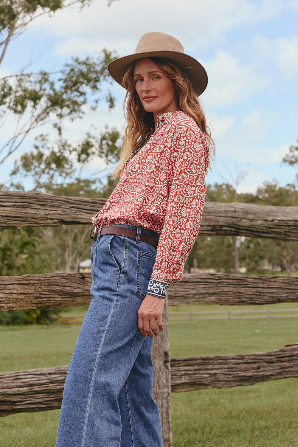 Sam Shirt in Sundar Drift paired with the Adrift Wide Leg Jeans for an easy look, Adrift