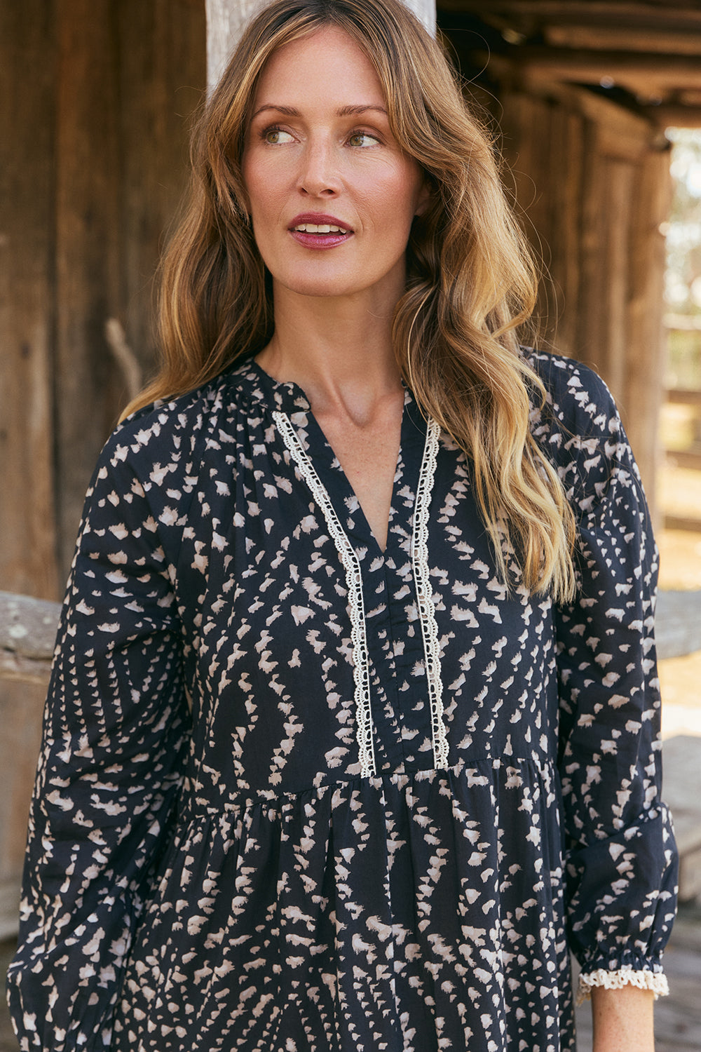Savannah Tiered Dress in Wild Jasmine moving with a gentle effortless sway, Adrift