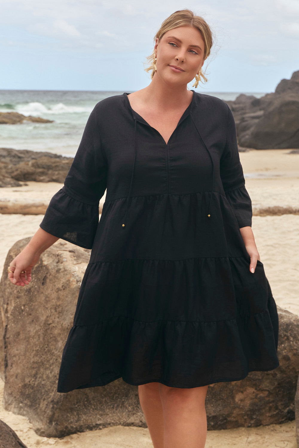 Scout Linen Bell Sleeve Dress in Black